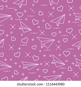 Cute seamless pattern with paper airplane and hearts. Template for design, fabric, print. Valentine's Day.
