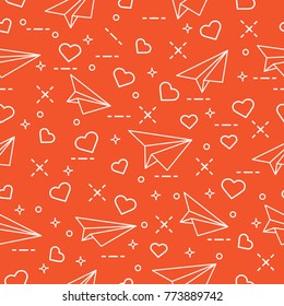 Cute seamless pattern with paper airplane and hearts. Template for design, fabric, print. Valentine's Day.