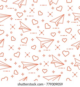 Cute seamless pattern with paper airplane and hearts. Template for design, fabric, print. Valentine's Day.