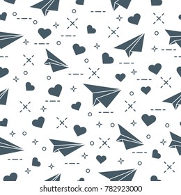 Cute Seamless Pattern With Paper Airplane And Hearts. Template For Design, Fabric, Print. Valentine's Day.