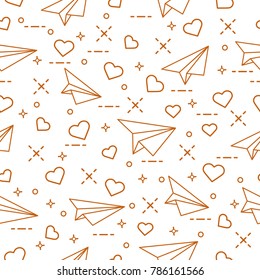Cute seamless pattern with paper airplane and hearts. Template for design, fabric, print. Valentine's Day.