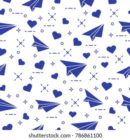 Cute seamless pattern with paper airplane and hearts. Template for design, fabric, print. Valentine's Day.