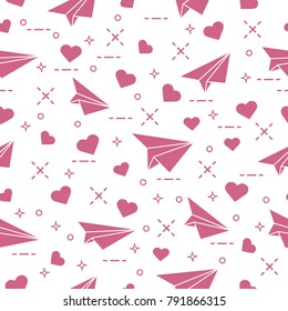 Cute seamless pattern with paper airplane and hearts. Template for design, fabric, print. Valentine's Day.