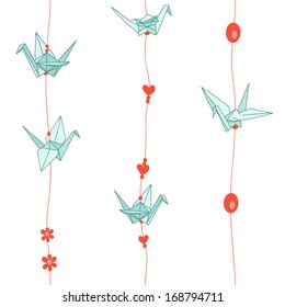 Cute seamless pattern with paper cranes and beads, vector illustration