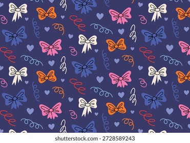 Cute seamless pattern. Party print with colorful bows, gifts, confetti, lilac hearts, wavy lines on purple background. Printable wrapping paper decor for holidays, Birthday and Valentine's Day. Making party paper, decoration, greetings, packaging.