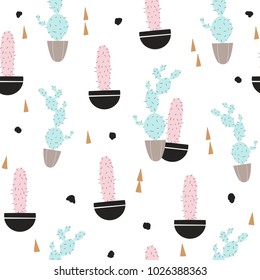 Cute seamless pattern with pastel cactus. Vector hand drawn illustration.