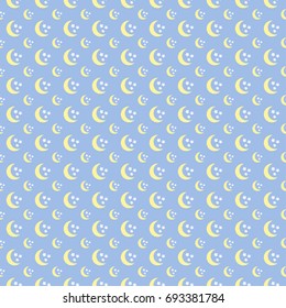 Cute seamless pattern with pastel colorful moon and stars.