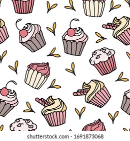 Cute seamless pattern in pastel colors with sweet hand drawn cupcakes in doodle style. Design texture for wrapping paper or textile.