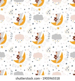 Cute seamless pattern in pastel colors. Sleepeng baby with teddy bear toy, clouds and half moon. Nursery vector illustration. Can be used for textile and clothing