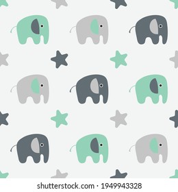 Cute seamless pattern in pastel colors with cartoon elephants and stars. Perfect for scrapbook, wrap, toy design, kids cloth, apparel. Vector