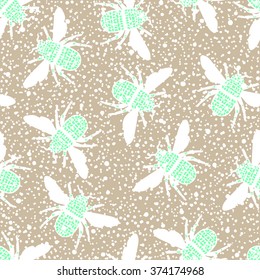 Cute seamless pattern in pastel colors with doodle elements of nature and white spray mottled hand drawn texture in vector. Abstract rough hand drawn painted spots texture background. Trendy print