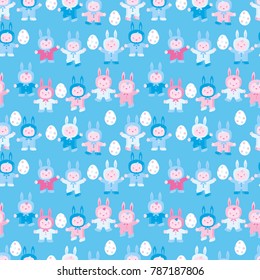 Cute seamless pattern. Pastel colors. Little children dance in the costumes of Easter rabbits. Playing with Easter eggs. Group of kindergarten. Children's Carnival. Easter greeting card.