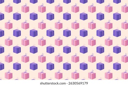 Cute seamless pattern with pastel gift boxes, perfect for birthday wrapping paper, party decor, and digital scrapbooking. Ideal for fabric and product design