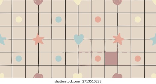 Cute seamless pattern with pastel hearts, stars, and cherries on a grid background, perfect for children's designs and decorations