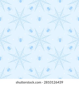 Cute seamless pattern of pastel light blue background with dark blue spiders and spiderwebs. Minimalist creepy cute repeating background in kawaii style for fabrics and wraps