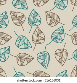 Cute seamless pattern in pastel and mint colors with hand drawn leaves. Vector illustration for web design, fabric, textile, wallpaper etc.