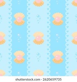 Cute Seamless pattern with pastel pearl shells and ocean elements. Vector Perfect for beach-themed textiles, wrapping paper, and nursery decor