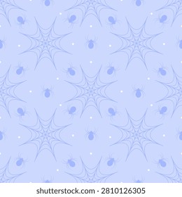 Cute seamless pattern of pastel periwinkle background with dark lavender spiders and spiderwebs. Minimalist creepy cute repeating background in kawaii style for fabrics
