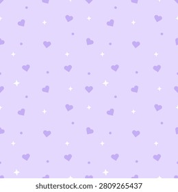 Cute seamless pattern of pastel purple background with dark purple hearts and white stars. Minimalist tone on tone repeating background for textiles, wraps, and wallpapers