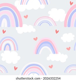 Cute nahtlose Muster des pastellfarbenen Regenbogens mit Wolken und Herzen auf hellgrauem Hintergrund