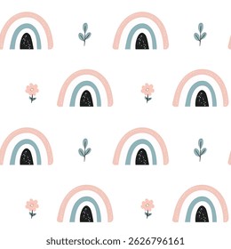 Padrão perfeito bonito com arco-íris pastel, flores e folhas em estilo escandinavo. Ilustração vetorial desenhada à mão perfeita para decoração de berçário, têxteis infantis, papel de embrulho, vestuário infantil