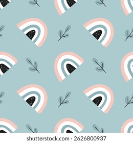Cute seamless pattern with pastel rainbows, flowers and leaves in Scandinavian style. Hand drawn vector illustration perfect for nursery decor, children's textiles, wrapping paper, children's clothing