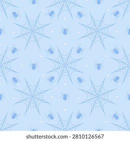 Cute seamless pattern of pastel sky blue background with dark blue spiders and spiderwebs. Minimalist creepy cute repeating background in kawaii style for fabrics and wraps