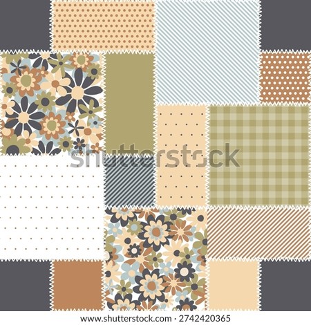 cute seamless pattern patchwork design, floral and checkered patches