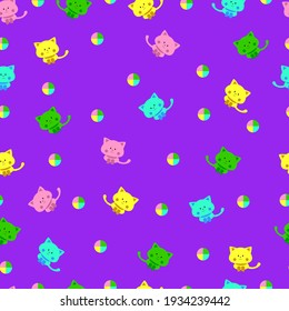 Cute seamless pattern, patterns with cats and balls, purple background