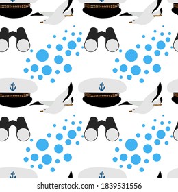
Cute seamless pattern with peaked cap, binoculars, seagull, sea splashes on a white background. Marine items in a flat style.
Stock vector illustration for decor and design, textiles,
wallpaper