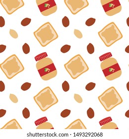 Cute seamless pattern with peanut butter, toast and peanuts on the white background. Vector repeat ornament. Usable for wrapping paper, packaging, posters, banners, cards