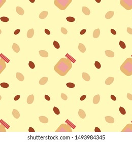 Cute seamless pattern with peanut butter jar and kernels. Usable for posters, banners, cards, product packaging, wrapping paper. Vector illustration