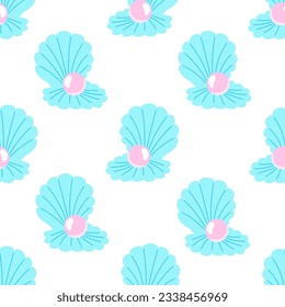 Cute seamless pattern with pearl shells. Vector flat mermaid background