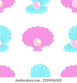 Cute seamless pattern with pearl shells. Vector flat mermaid background