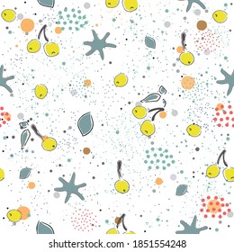 Cute Seamless Pattern with pears and dotted background. hand Drawn Delicate Design. Scandinavian Style. For cards, templates, gift paper, prints, decorations, templates, etc. Vector Illustration