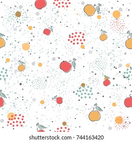 Cute Seamless Pattern with pears and dotted background. hand Drawn Delicate Design. Scandinavian Style. For cards, templates, gift paper, prints, decorations, templates, etc. Vector Illustration