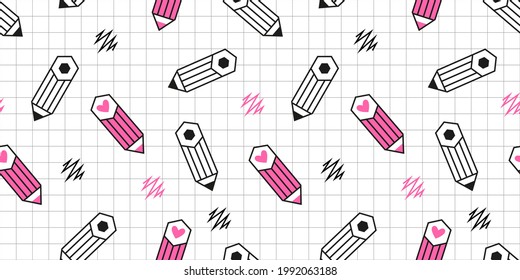 Cute seamless pattern with pencils and pencil scratches on the checkered white background. Black, white and pink stationery background. Vector kids pattern with school theme.