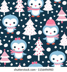 Cute seamless pattern with penguin characters and Christmas trees on pink dark background for invitations, greeting cards, textile and clothing design