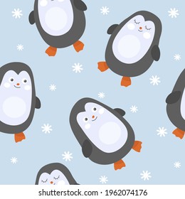 Cute seamless pattern with penguins and snowflakes. Vector illustration.