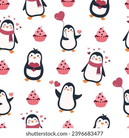 Cute seamless pattern with penguins for Valentine's Day