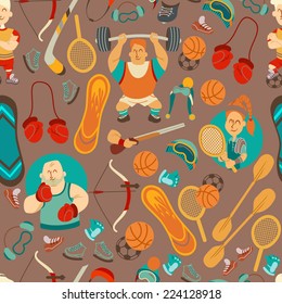 Cute seamless pattern with people playing sports and sport equipment. Vector illustration