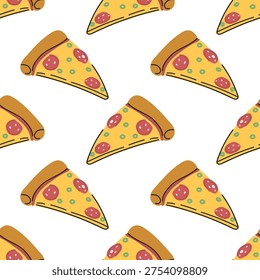 A cute seamless pattern with pepperoni pizza slices. Background, food packaging, notebook covet template.