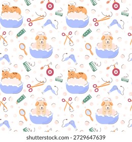 Lindo patrón transparente para el salón de cuidado de mascotas. Los gatos y los perros se bañan en una bañera con espuma, pompas de jabón y accesorios como tijeras, cepillos, patas y champú. Concepto de salón de belleza de mascotas, aseo.