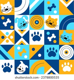 Cute seamless pattern with pets dog and cat with abstract background in yellow blue cyan white colors Suitable for wrapping paper Vector