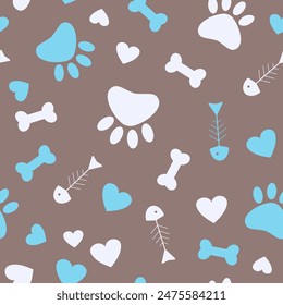 Cute seamless pattern with pets paws, bones and hearts. It can be used for wallpapers, wrapping, cards, patterns for clothes and other. Bones, paw print and fishbone. Cute cartoon seamless pattern