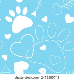 Cute seamless pattern with pets paws, bones and hearts. It can be used for wallpapers, wrapping, cards, patterns for clothes and other. Bones, paw print and fishbone. Cute cartoon seamless pattern