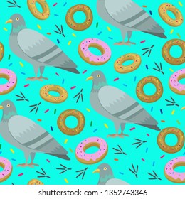 Cute seamless pattern with pigeons and sweet donuts