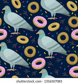 Cute seamless pattern with pigeons and sweet donuts