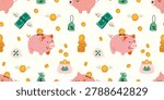 Cute seamless pattern with piggy banks, coins and cash. Finance and budgeting art perfect for banking, investment and money management design. Vector illustration on light background