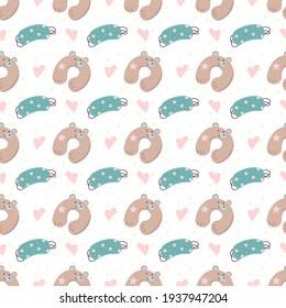 Cute seamless pattern with pillow and sleep mask. Delicate print for textiles, wrapping paper and design. World sleep day. Vector illustration